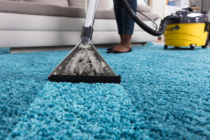 Person Using Vacuum Cleaner For Cleaning Blue Carpet At Home